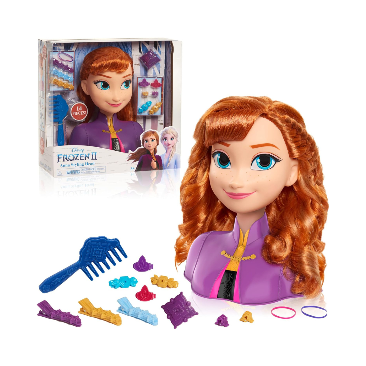 Disney Frozen 2 Anna Deluxe Styling Head, Red Hair, 17-Piece Hair Accessories Set for Kids Ages 3+