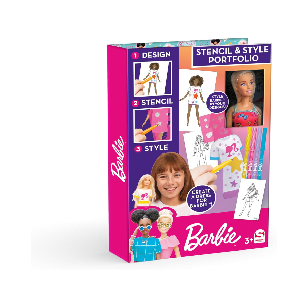 Barbie Stencil and Style With Doll, Creative Drawing and Dress Designing Set, Includes Felt Tips Stencil and 28 Design Pages, Portable Craft Activity for Kids, No Batteries Required, Model BRB-5688-SI-FO