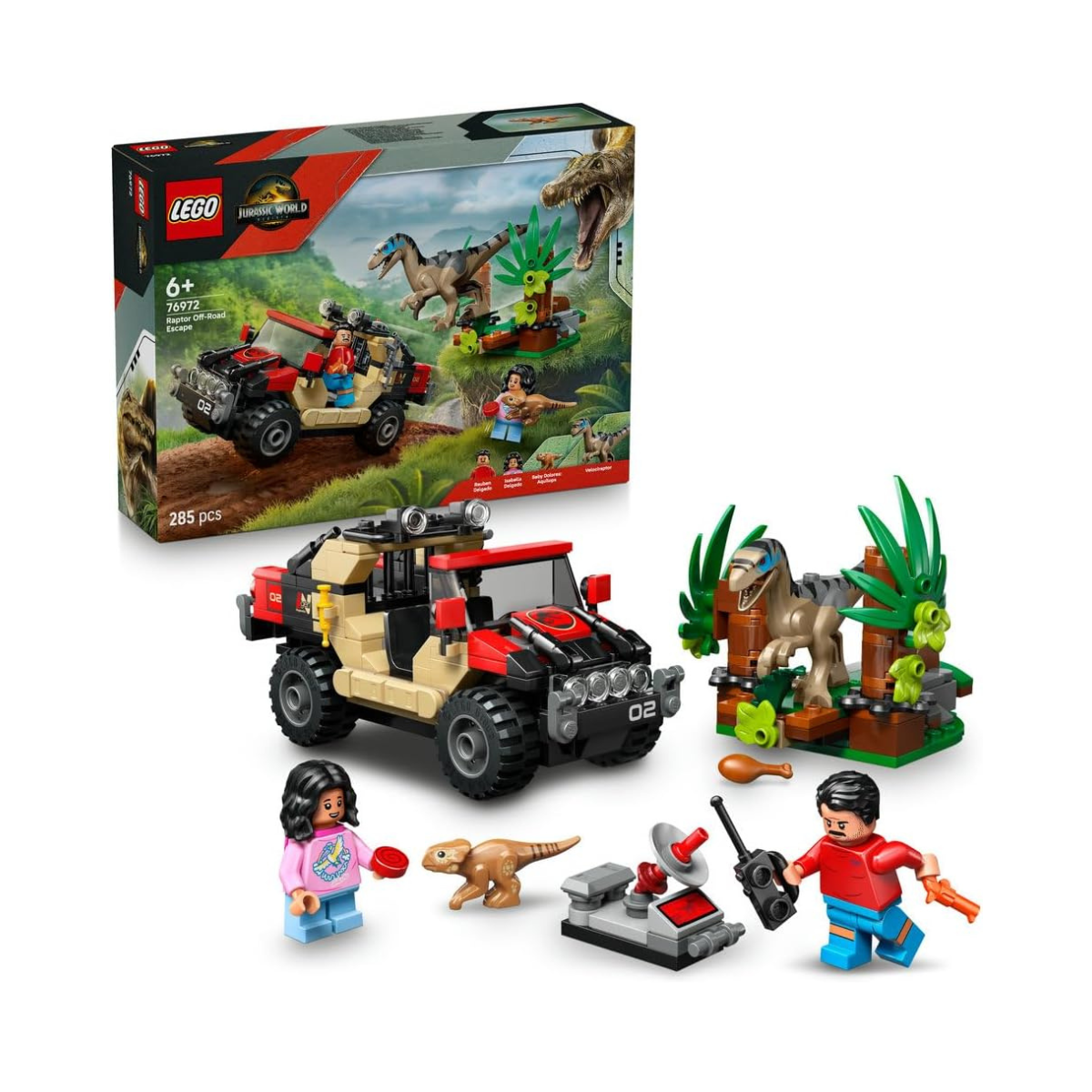 LEGO Jurassic World Raptor Off-Road Escape Dinosaur Toy incl 2 Dino Figures Off-Road Car Toy 2 Minifigures Gift for 6+ Year Old Boys Girls Rebirth Movie Fans 76972