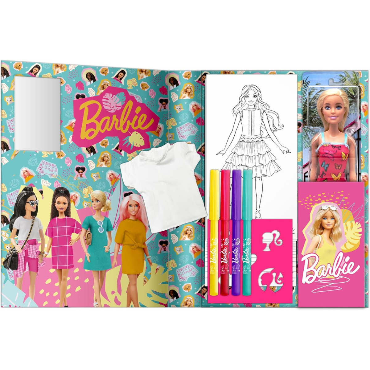 Barbie Stencil and Style With Doll, Creative Drawing and Dress Designing Set, Includes Felt Tips Stencil and 28 Design Pages, Portable Craft Activity for Kids, No Batteries Required, Model BRB-5688-SI-FO
