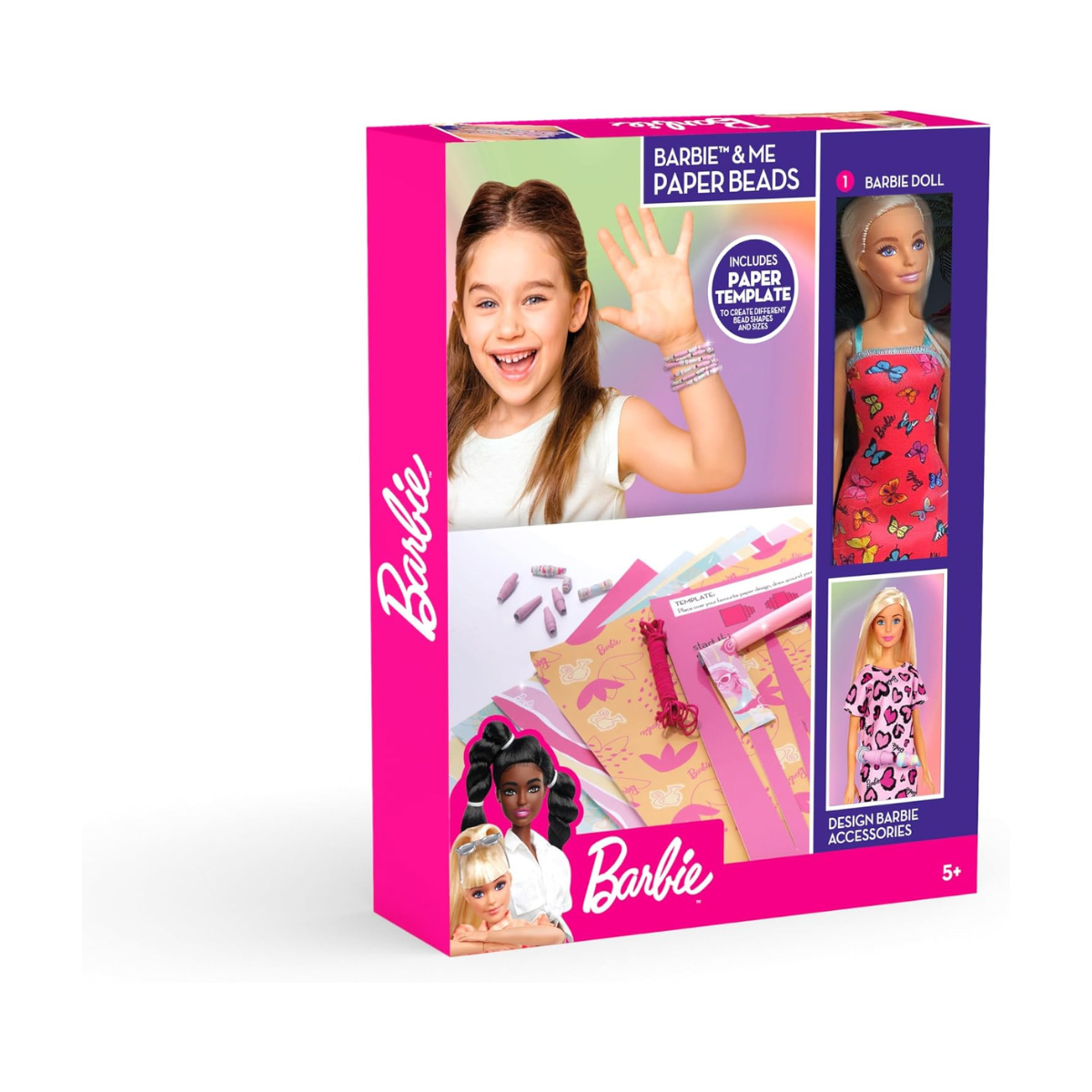 Barbie Paper Beads With Doll, Creative Paper Bead Craft Set, Includes Beads and Paper Materials, Colorful Craft Activity for Kids, No Batteries Required, Pink Design, Model BRB23-2448-SI