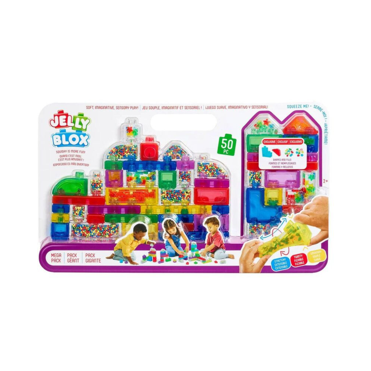 Jelly Blox Mega Pack, 50-Piece Sensory Building Blocks, Soft Squishy Toddler Toys, Creative Play for Ages 2+, Fine Motor Skills Development, Safe Non-Toxic Plastic, Multicolor, Educational Construction Set