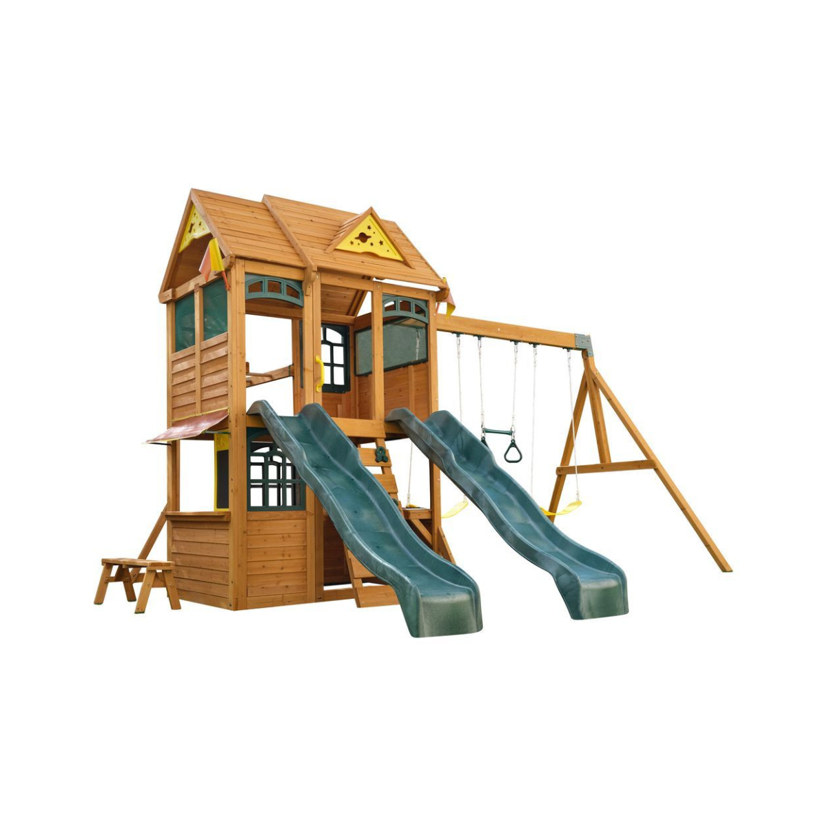 KidKraft Overland Heights Wooden Swing Set / Playset – Outdoor Clubhouse, Slides, Swings, Monkey Bars, and Play Kitchen for Kids Age 3+
