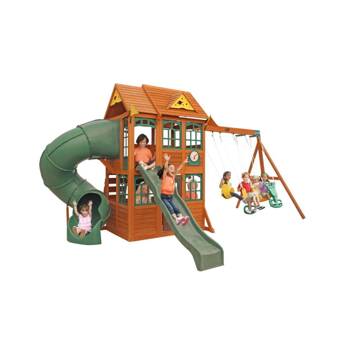 KidKraft Charleston Lodge Wooden Swing Set / Playset – Outdoor Playhouse with Slides, Swings, Rock Wall and Clubhouse, Age 3-10