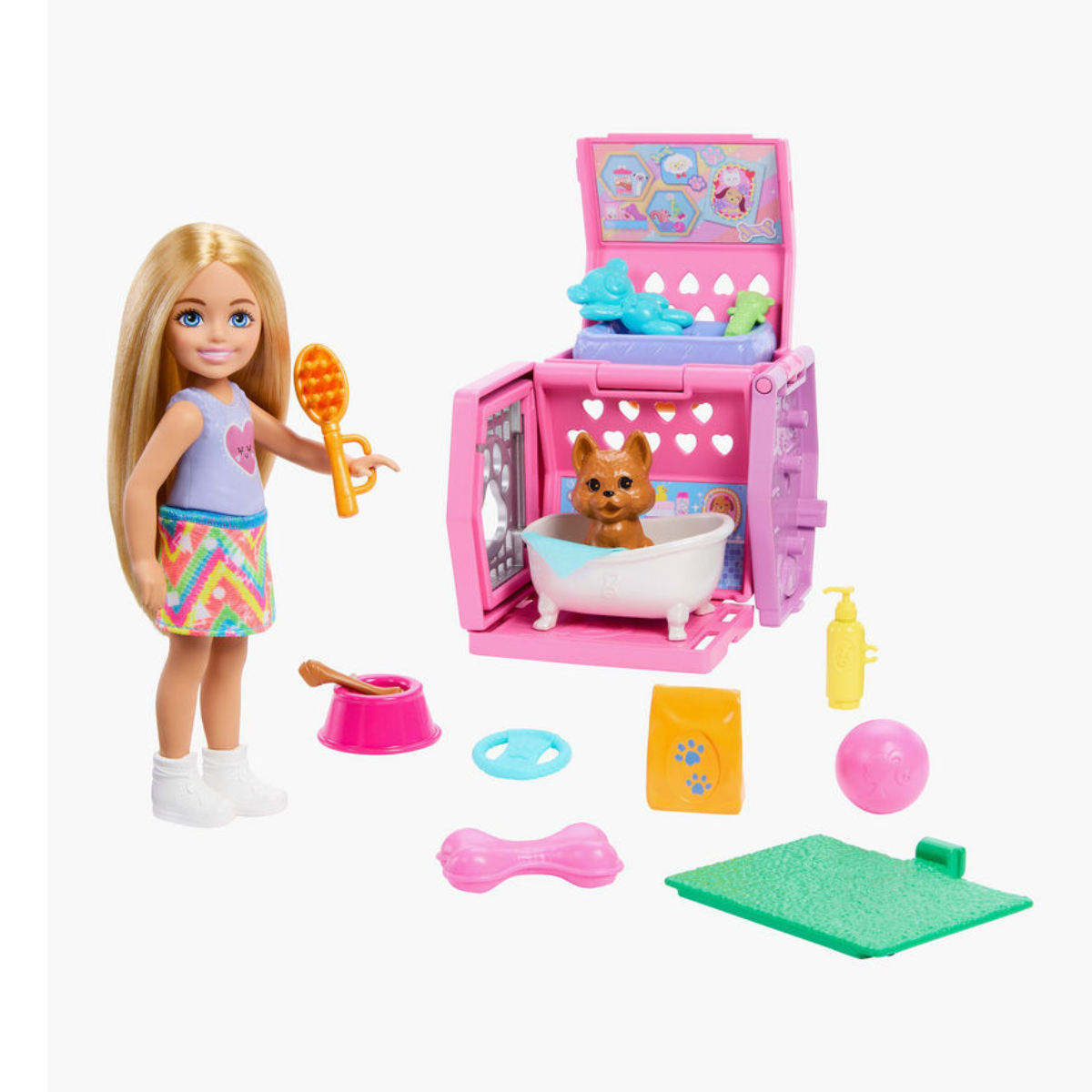 Barbie Club Chelsea Fashion Doll Playset with Puppy, Transforming Carrier, Grooming Accessories & Removable Skirt, Role-Play Toy for Kids 3+