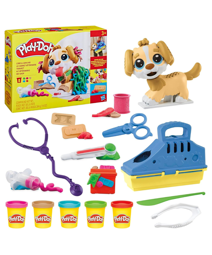 مجموعة لعب بلاي دوه للعناية والحمل البيطري، كلب لعبة، 10 أدوات بيطرية، 5 ألوان مركبة للنمذجة، حامل تخزين، مجموعة أدوات بيطرية تظاهرية، فنون وحرف غير سامة، للأطفال من سن 3 سنوات فما فوق
