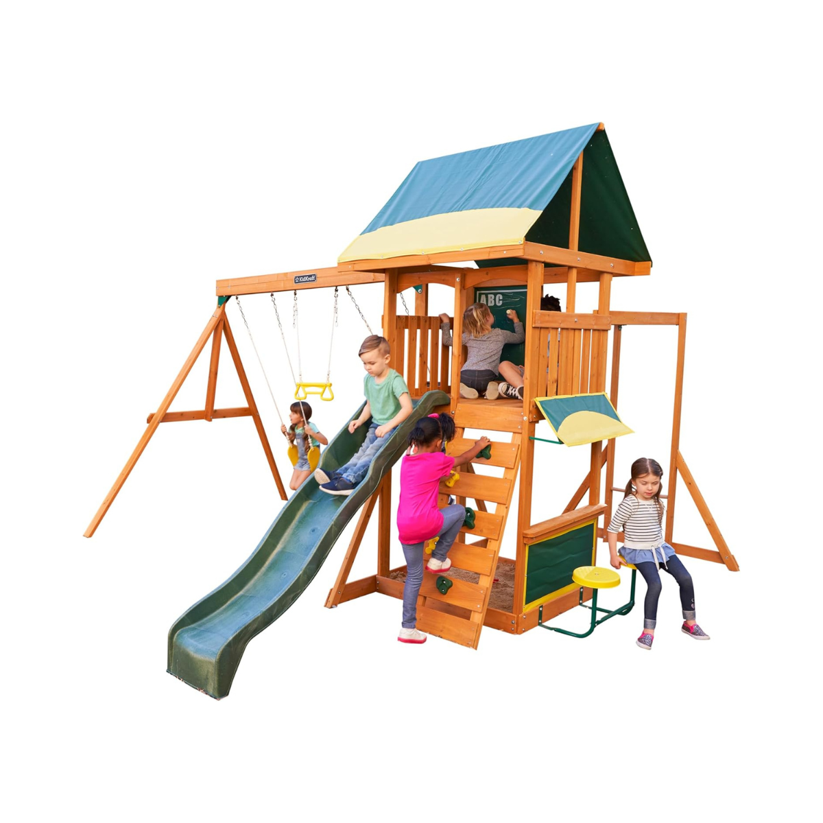 KidKraft Brightside Wooden Swing Set with High-Rail Wave Slide, Rock Wall, Upper Clubhouse, Monkey Bars, Sandbox and Belt Swings, Outdoor Backyard Playset for Kids Ages 3 to 10