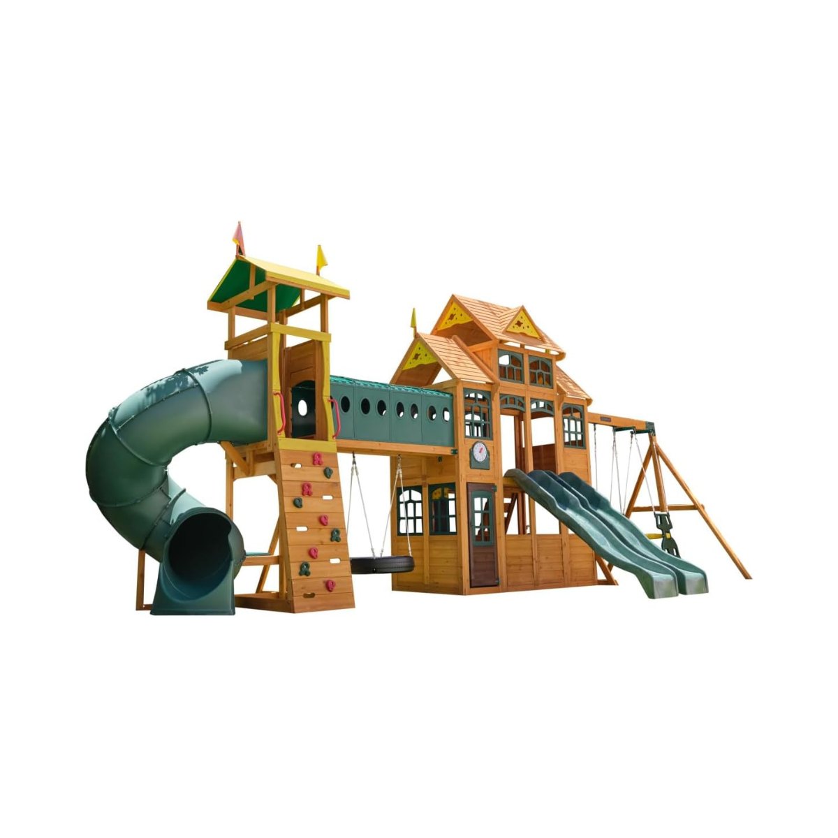 KidKraft Bear Cave Wooden Lodge Swing Set / Playset – Deluxe Outdoor Clubhouse with Slides, Swings, Glider, and Interactive Play Areas for Kids Age 3-10 Years