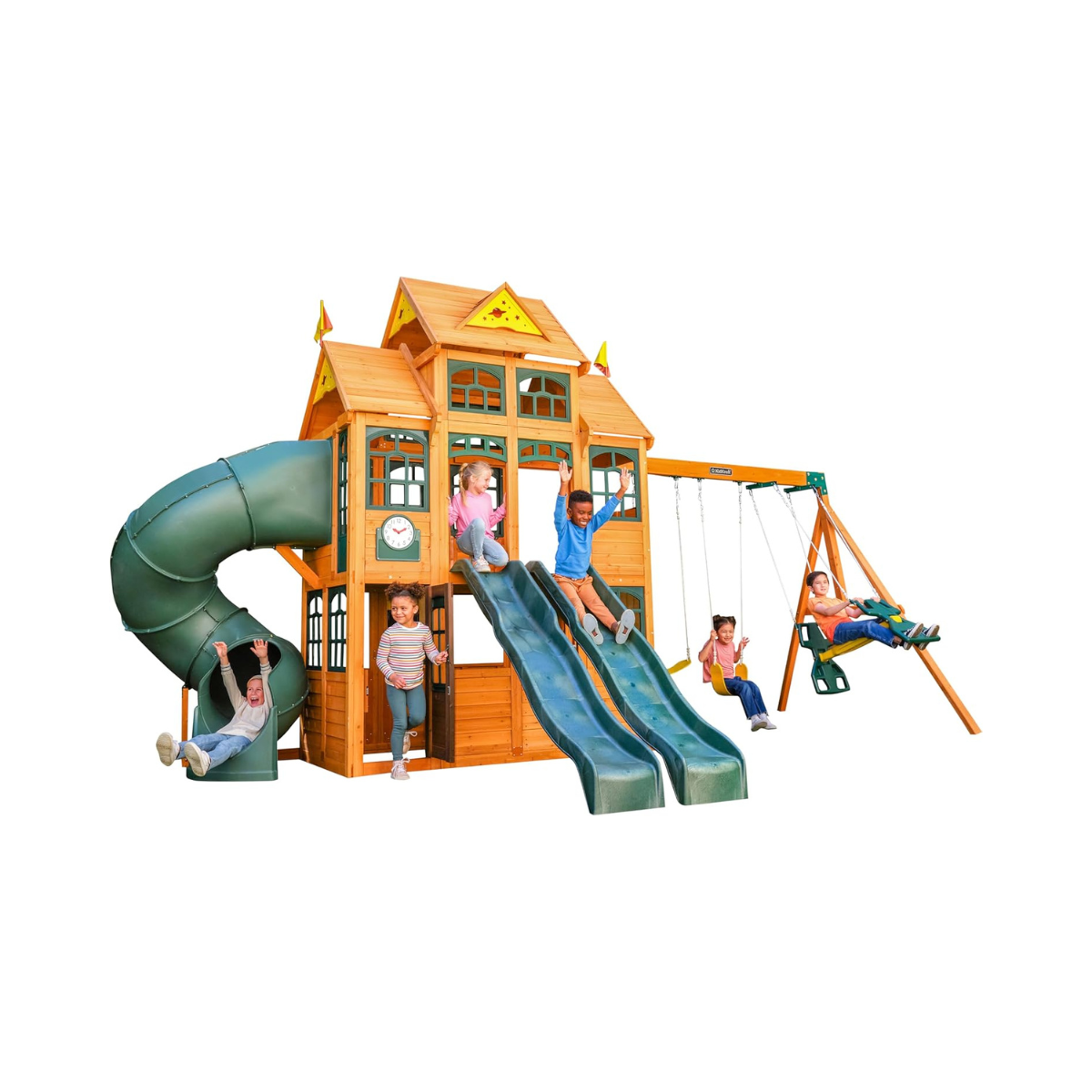 KidKraft Falcon Ridge Wooden Swing Set / Playset – Outdoor Playhouse with Slides, Swings, Rock Wall, Clubhouse, and Deluxe Kitchen for Kids Age 3-10 Years
