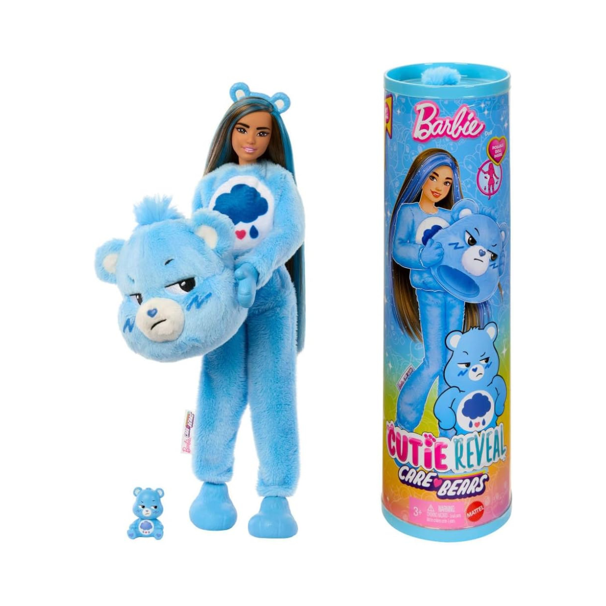 Barbie Cutie Reveal Doll & Accessories, Care Bears Series, Grumpy Bear Plush Costume with 10 Surprises, Color Change & Mini Bear, Fashion Doll for Kids 3+
