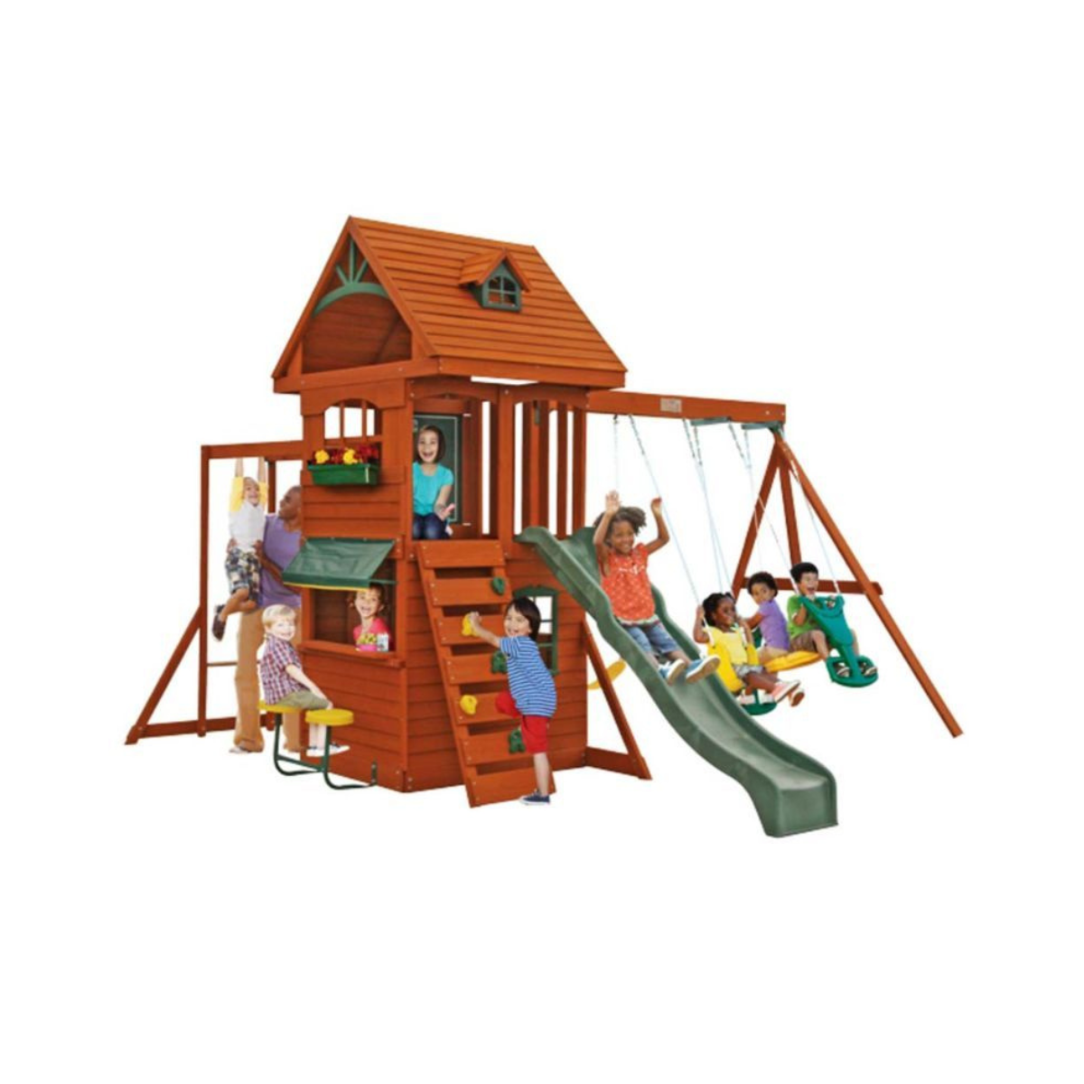 KidKraft Ridgeview Deluxe Clubhouse Wooden Swing Set/Playset with High-Rail Wave Slide, Rock Wall, Monkey Bars, Glider and Café Area, Outdoor Backyard Playset for Kids Ages 3 to 10