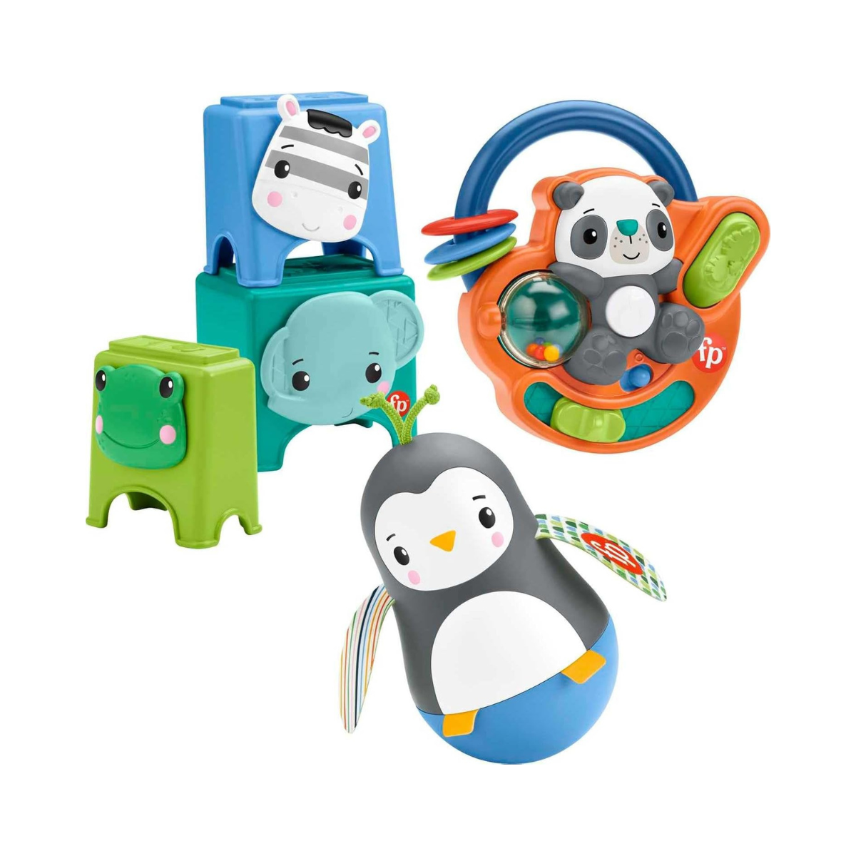 Fisher Price Hello Hands Play Kit HFJ93 Curated Infant Activity Toy Set 3 Toys Panda Penguin Animal Stackers Multi Colour for 6 Months and Up