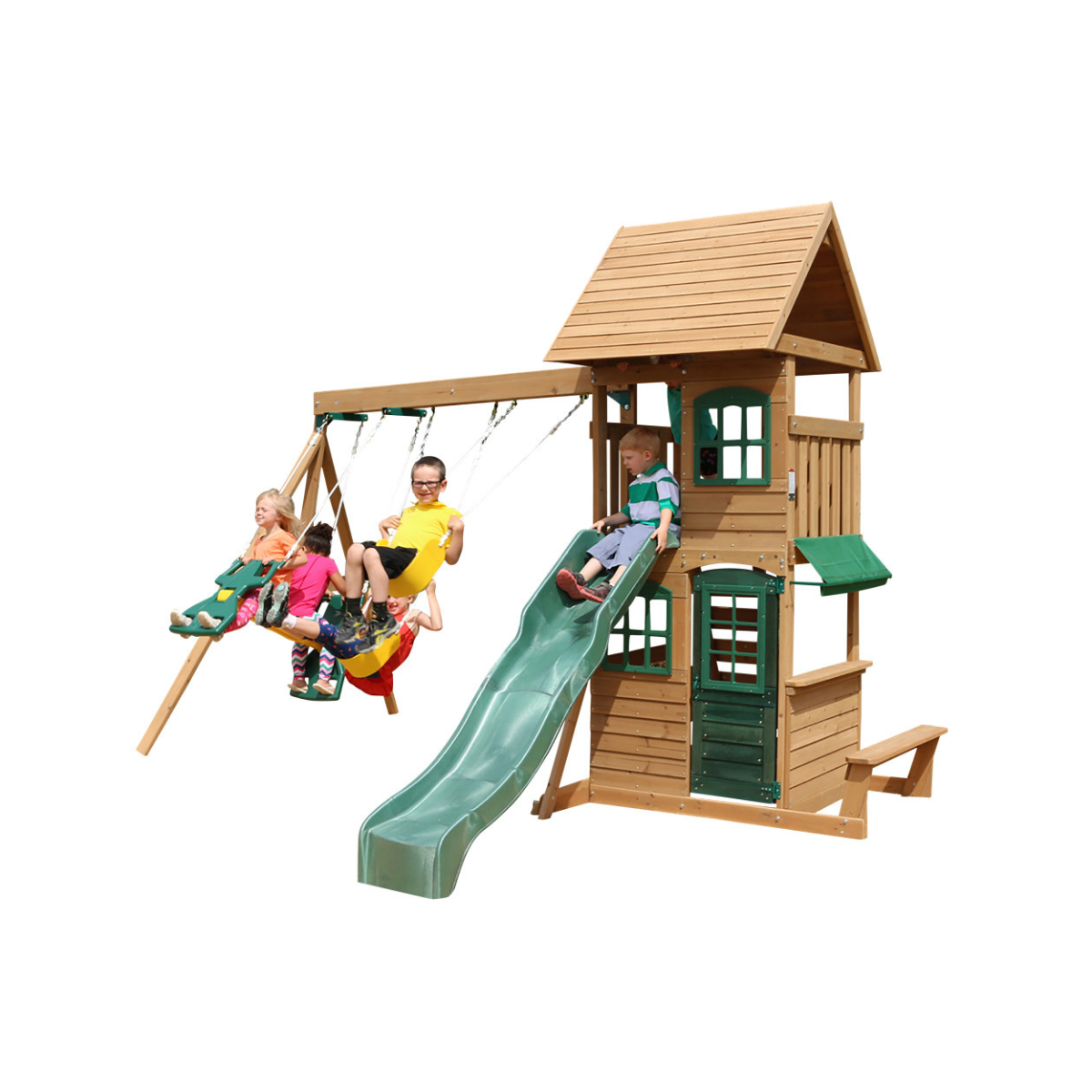 KidKraft Windale Fort Wooden Outdoor Swing Set, Playset with Clubhouse, Swings, High-Rail Wave Slide, Glider, Shaded Café Table and Bench, Multi-Level Backyard Play for Kids Ages 3 to 10