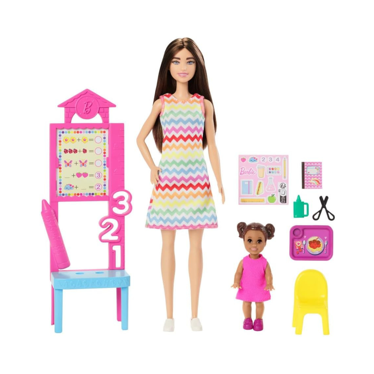Barbie Teacher Doll with Brunette Fashion, 1 Toddler, & Classroom Accessories, Career Playset for Kids 3+