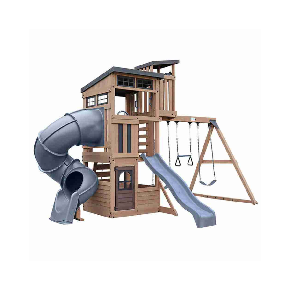 Gorilla Skyline Lookout Wooden Swing Set with Dual Slides, Climbing Wall, Fort, Swings and Trapeze, Outdoor Playset for Kids Ages 3 to 11