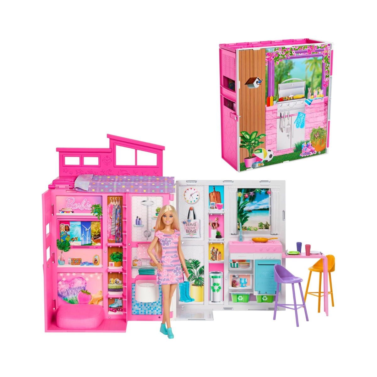 Barbie Getaway Doll House with Barbie Doll, 4 Play Areas and 11 Decor Accessories, Age 3+