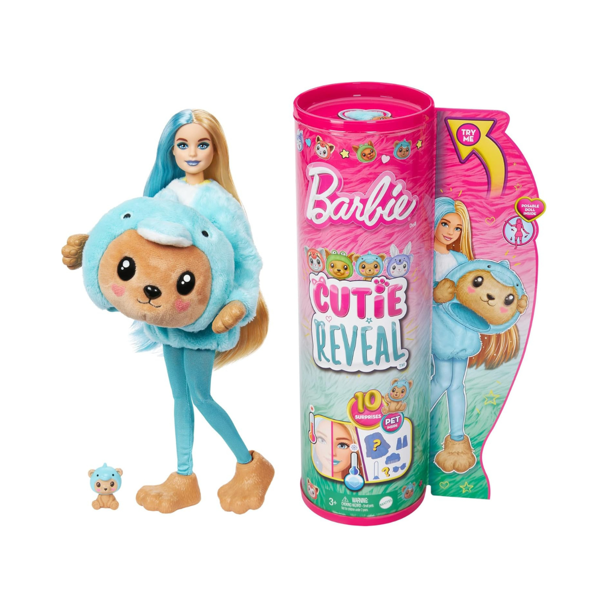 Barbie Cutie Reveal Teddy Bear as Dolphin Costume-Themed Series Doll with 10 Surprises, Color-Change Features & Accessories for Kids Age 3+