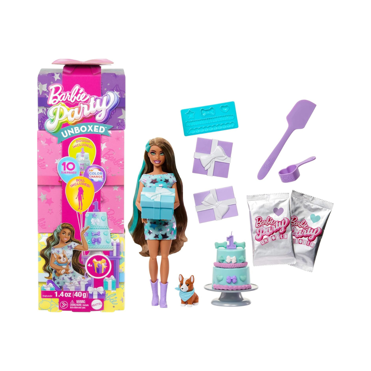 Barbie Party Unboxed Doll & Accessories – Pet Birthday Series Party Stars Set (10 Surprises, Color Change, Cake Decorating, Sensory Play) – Ages 3+