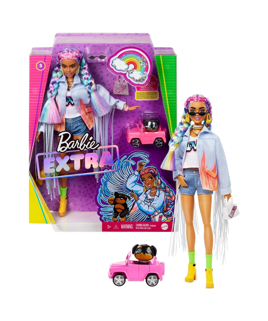 دمية باربي إكسترا رقم 5، سترة جينز بشراشيب طويلة، ضفائر قوس قزح، جرو أليف مع سيارة وردية، 15 إكسسوارًا عصريًا، دمية قابلة للتجميع وقابلة للتعديل للأطفال من سن 3 سنوات فما فوق