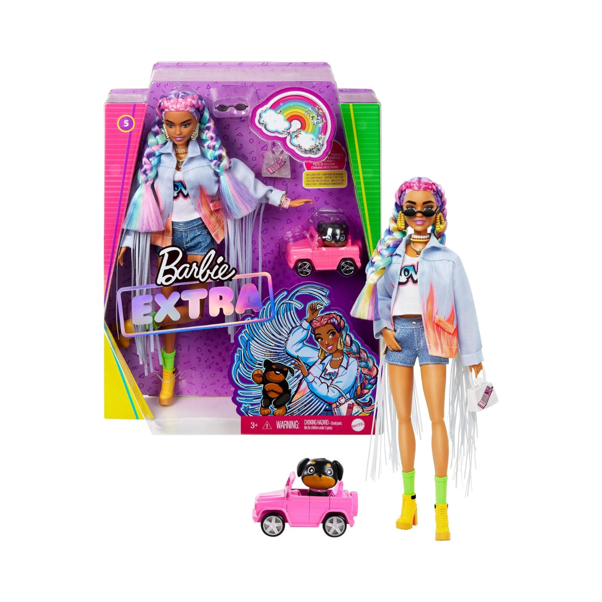 دمية باربي إكسترا رقم 5، سترة جينز بشراشيب طويلة، ضفائر قوس قزح، جرو أليف مع سيارة وردية، 15 إكسسوارًا عصريًا، دمية قابلة للتجميع وقابلة للتعديل للأطفال من سن 3 سنوات فما فوق