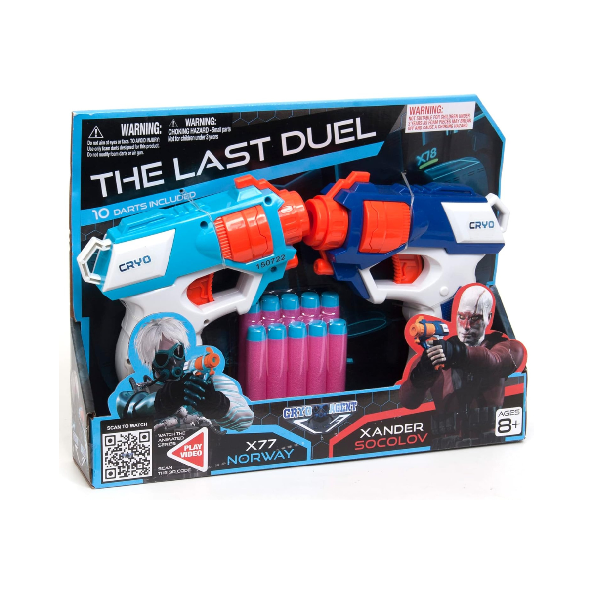Cryo Agent Last Duel Dart Gun, 2 Blasters in Different Colors, Single Shot Foam Blasters, Easy Operation, Toy Gun Set for Kids 8+