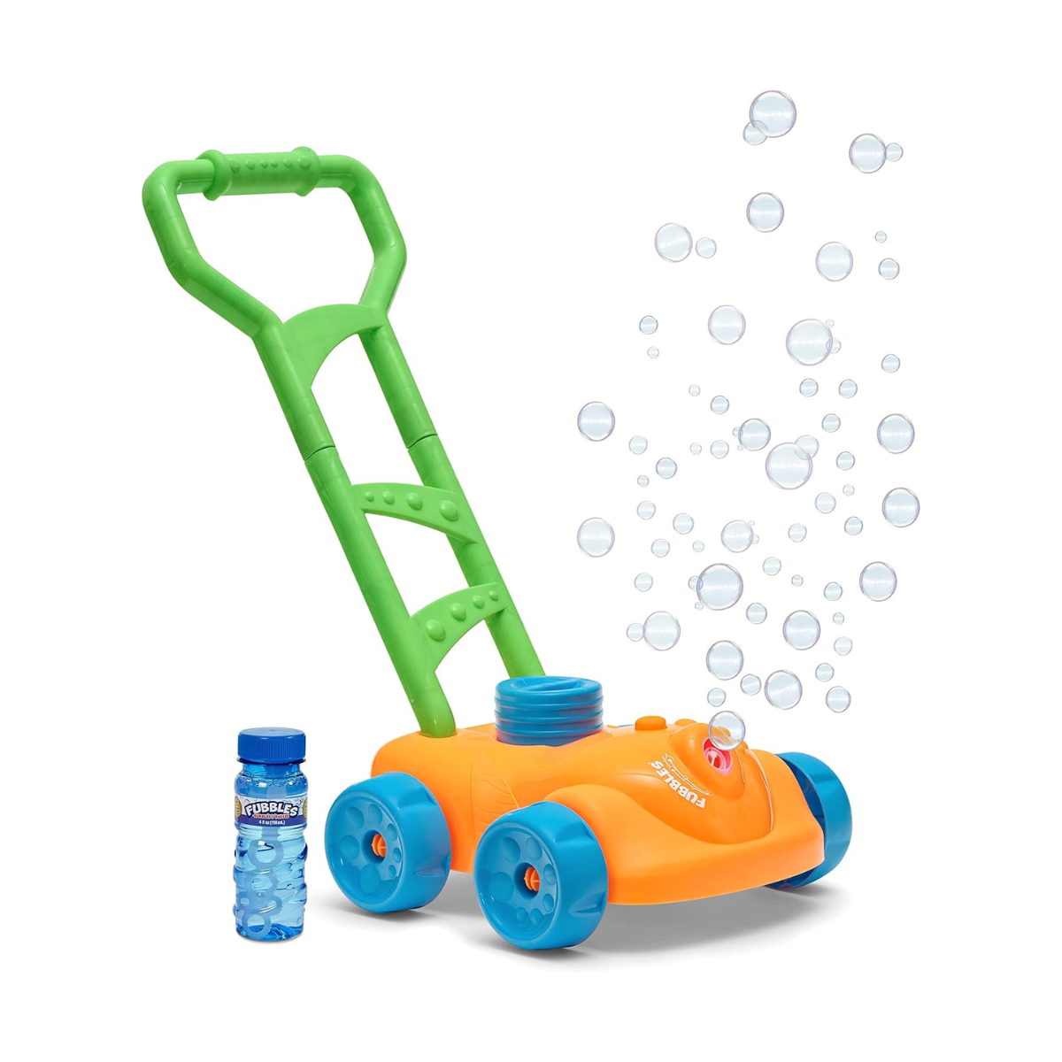 Little Kids Fubbles No Spill Bubble Lawn Mower, Automatic Bubble Blower Machine, Toddler Outdoor Bubble Toy, Includes 4oz Non Toxic Solution, Continuous Bubble Play, Soft Grip Handle, Pretend Play Lawn Mower for Boys and Girls, Ages 3 Plus