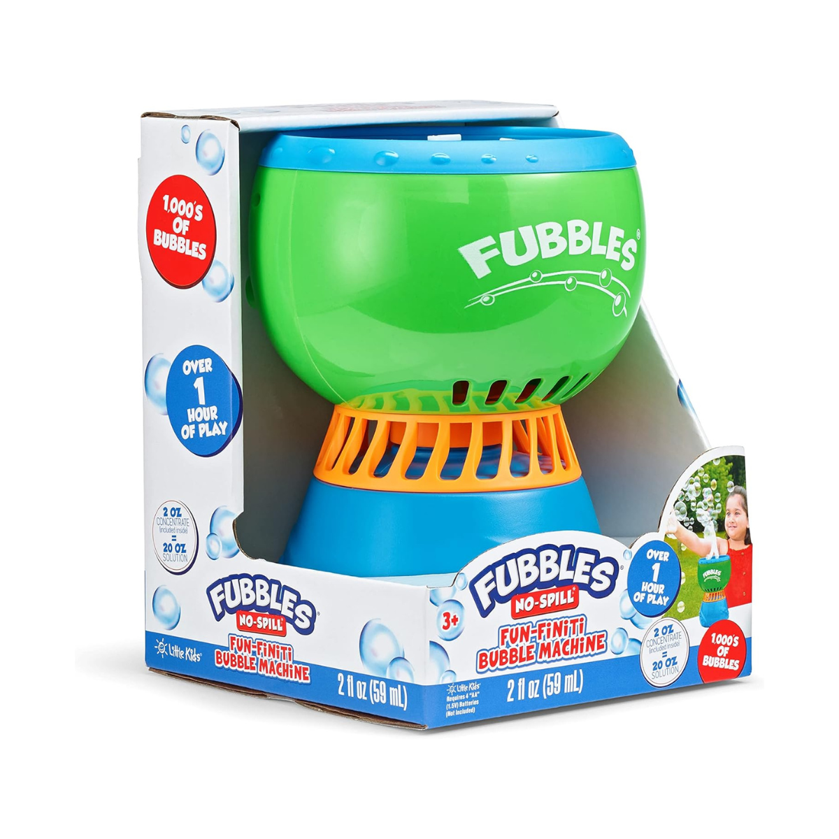 Little Kids Fubbles No Spill Fun Finiti Bubble Machine, Mess Free Automatic Bubble Maker for Kids, Large Capacity Bubble Machine, Holds Up to One Hour Solution, Sensory Play, Outdoor Party Toy, Battery Powered, Ages 3 Plus