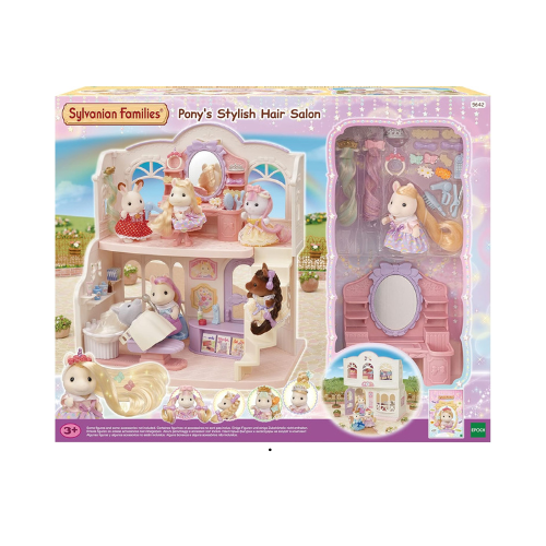 Sylvanian Families Pony's Stylish Hair Salon Set (5642) – 2-Story Salon with Sally Pony Figure, Hair Accessories, Styling Book, Dresser & Shampoo Basin – Educational Role-Playing Toy for Ages 3+