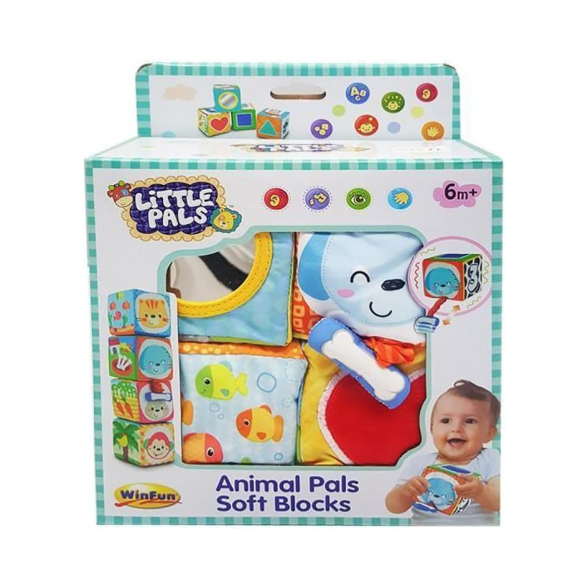 Winfun Animal Pals Soft Blocks Set of Chunky Sensory Foam Blocks for Infants and Toddlers, Interactive Learning Cubes with Textures, Bright Animal Prints, Counting, Shapes, and Baby-Safe Mirror, Ages 3 Months+