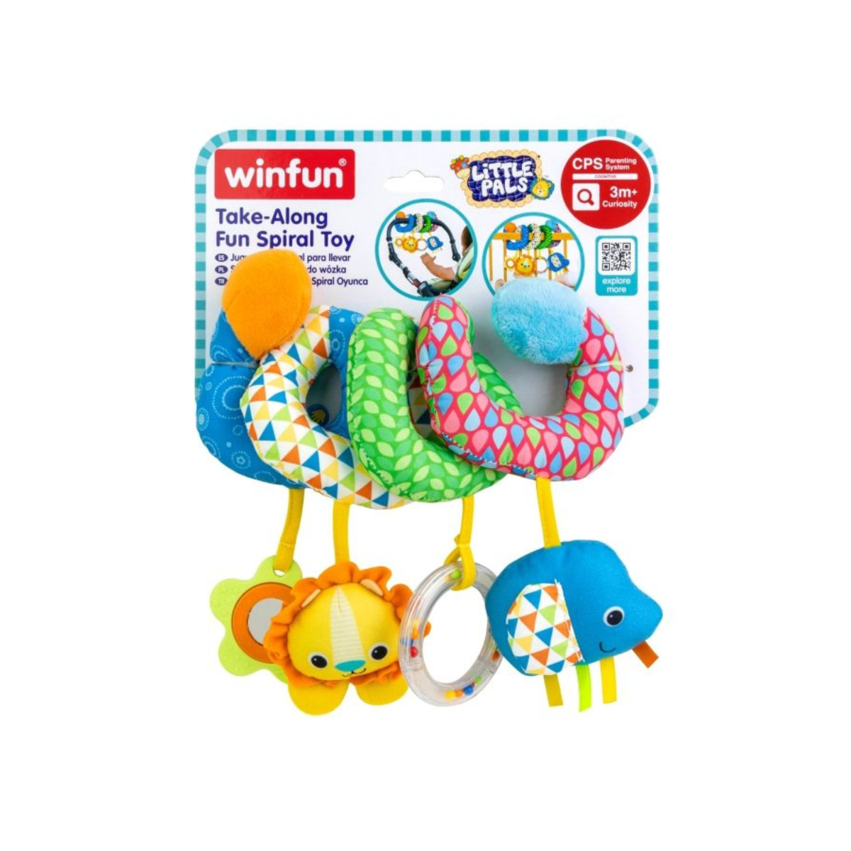 Winfun Take-Along Fun Spiral Crib and Stroller Toy with Animal Friends, Baby-Safe Peekaboo Mirror, Satin Taggies and Rattle Ring for Infants 3 Months+