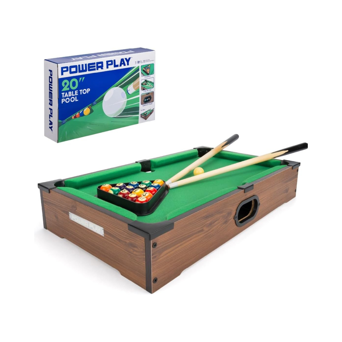 Power Play 20 Inch Pool Table, Kids Pool Game, Arcade Games for Boys and Girls 3+, Indoor and Outdoor Tabletop Game, Wooden Construction, Complete Billiard Set