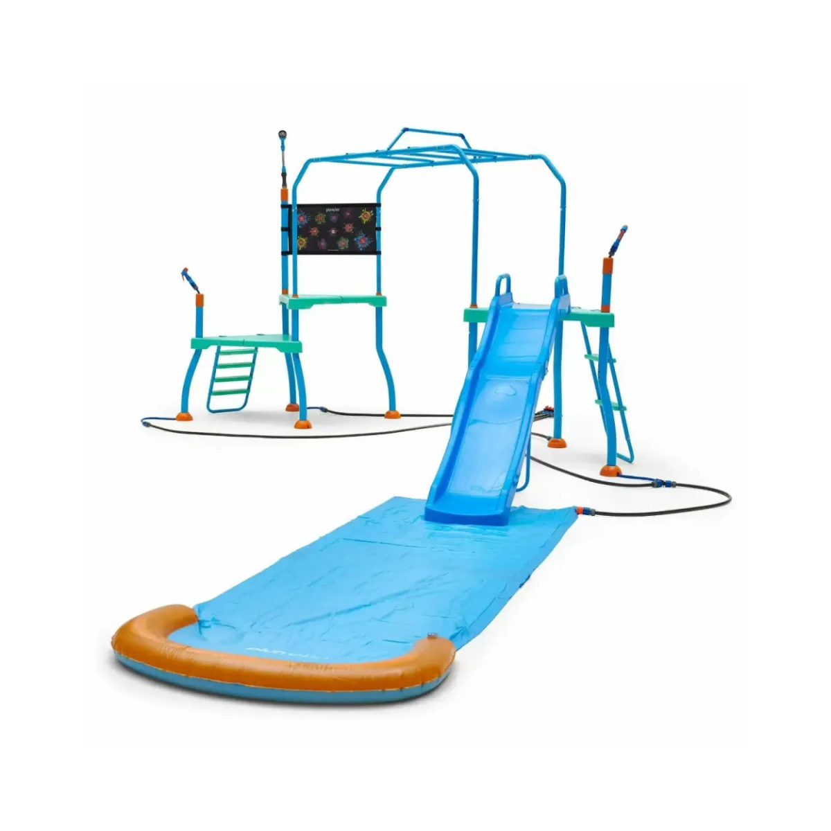 Plum Collection Water Park Blaster Course, Outdoor Splash Playset with Monkey Bars, Water Blasters and Sprinklers, Backyard Water Park for Kids 4+