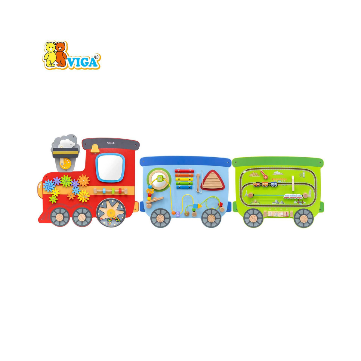 VIGA Multi Activity Wall Toy Train Series, Wooden Wall Mounted Activity Board, Montessori Learning Panel, Fine Motor Skills Toy for Toddlers, Playrooms & Waiting Areas, Ages 18M+