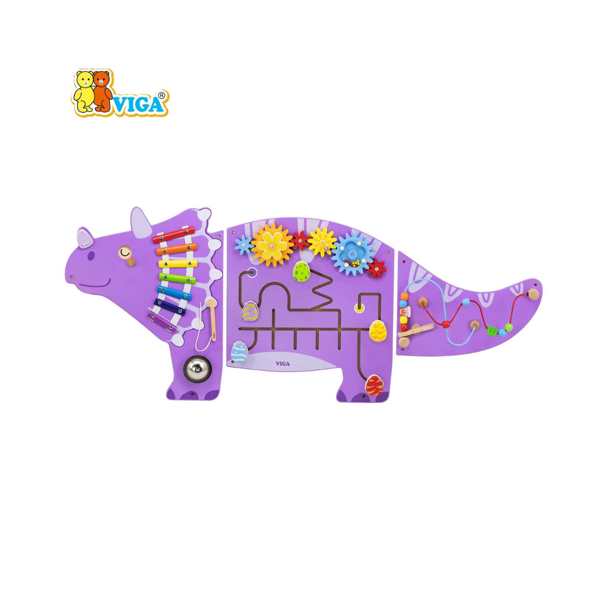 Viga Toys Triceratops Wall Activity Panel, Wooden Montessori Sensory Manipulative Board with Xylophone, Maze, Gears and Bead Loop, Wall Mounted Learning Toy for Kids, 3 Years+