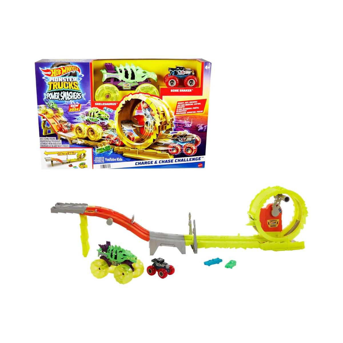 Hot Wheels Monster Trucks Charge and Chase Track Set with Oversized Skelesaurus and Bone Shaker, Power Smashers Loop Track, Includes 2 Crushed Cars, Action Racing Playset for Kids 4 Years+