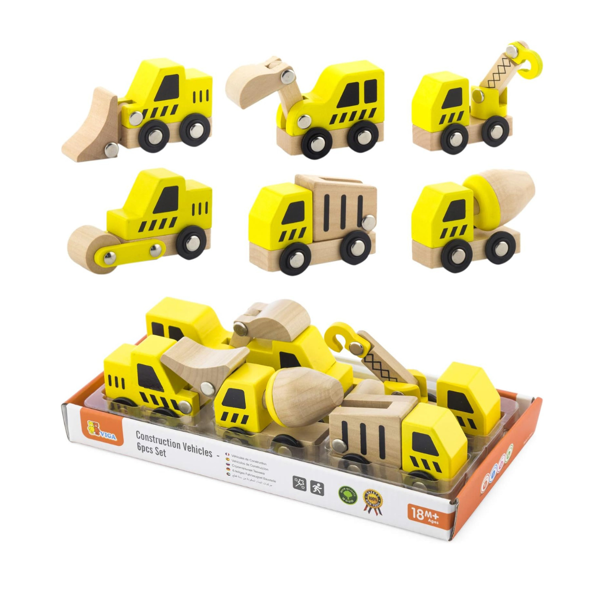 Viga Wooden Construction Vehicles Set, 6-Piece Push Along Play Trucks, Educational Toy, Ages 3+