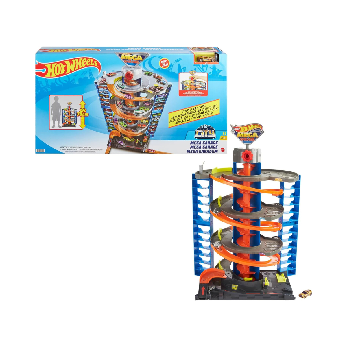 Hot Wheels City Mega Garage Playset with 1 Vehicle, 4-Level Car Garage with Corkscrew Elevator and Multi-Car Storage, Connectable Vehicle Playset for Kids 4 Years & Older