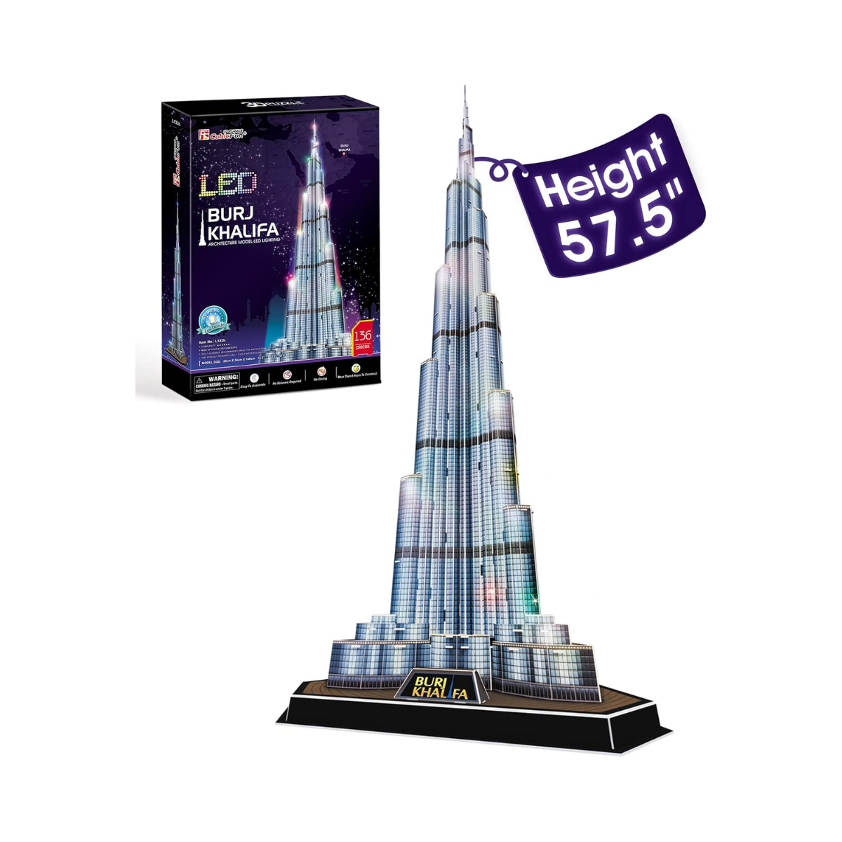 CubicFun 3D Puzzle LED Burj Khalifa Dubai Model Kit 136 Pieces Architecture Building Set for Adults + Teens Souvenir Display Gift
