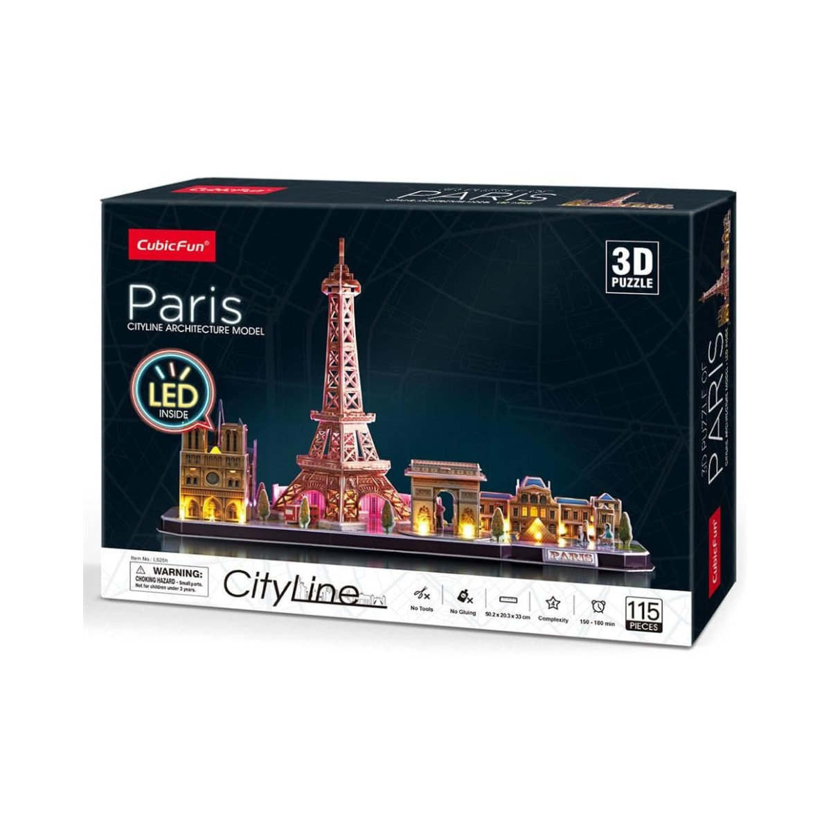CubicFun 3D LED Puzzle City Line Paris 115 Pieces Battery Operated Architecture Model Kit Eiffel Tower Louvre Notre Dame Gift for Kids and Adults