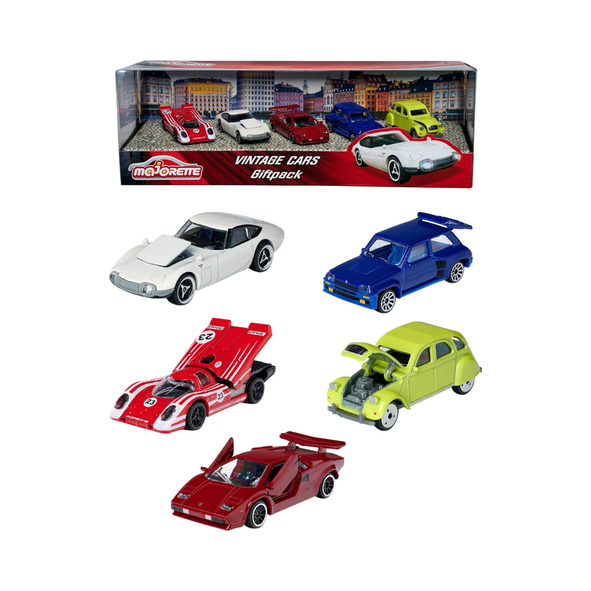 Majorette Vintage Autos 5-Piece Set – Ford Mustang, Porsche 934, Renault Alpine A110, VW Beetle & VW T1, Die-Cast Collectible Toy Cars for Kids & Collectors