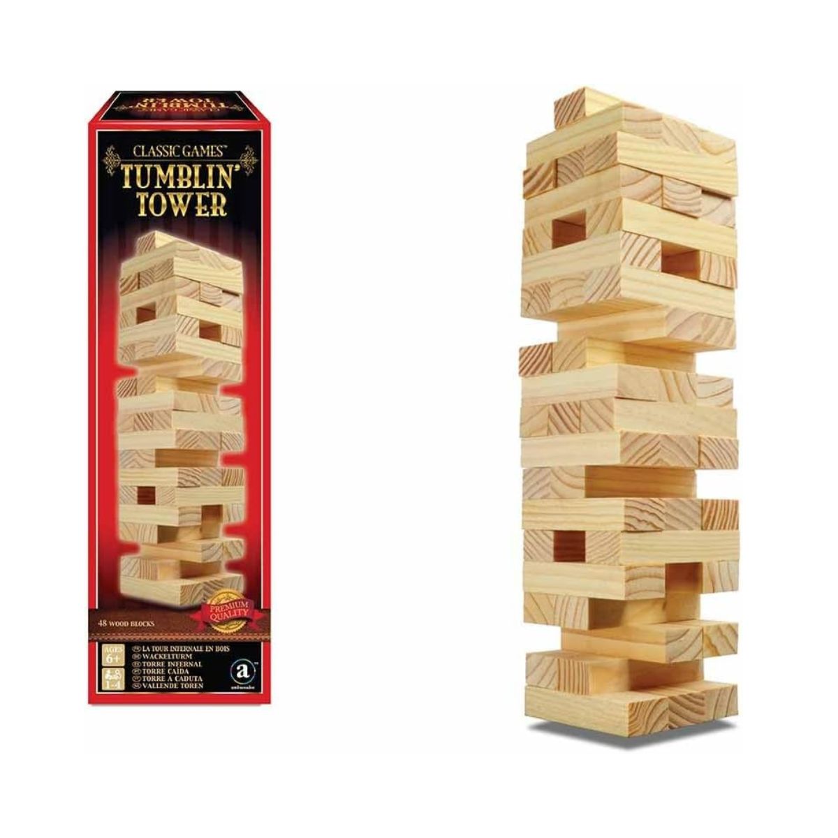 Ambassador Merchant Classic Wood Tumblin Tower, 48 Wood Blocks, Cardboard Insert, Gold Foil Gift Box, Multi Player, Family+