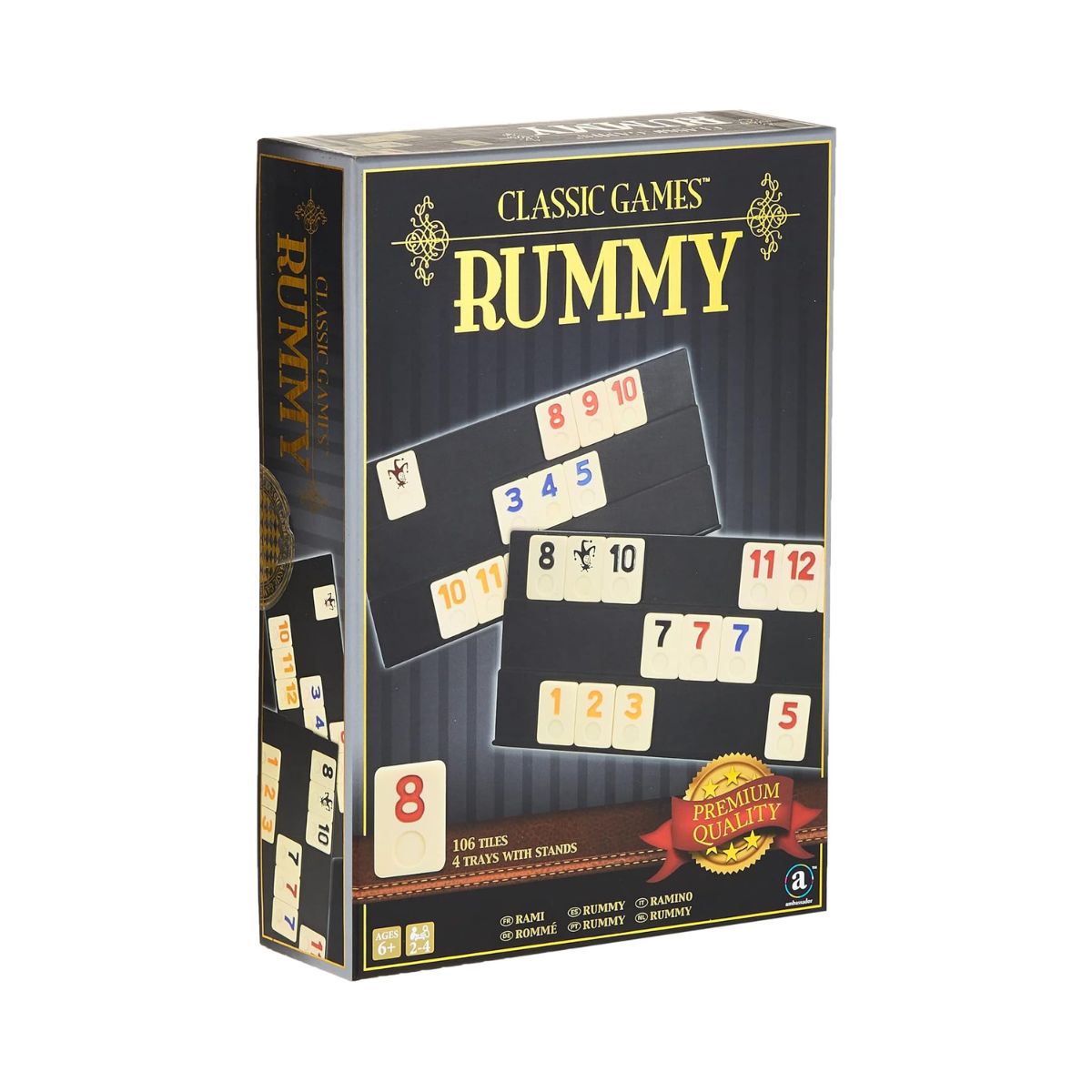 Ambassador Merchant Rummy Board & Card Games, 106 Melamine Pieces, Plastic Holder, Gold Foil Gift Box, Multi Color, +6-20 Years