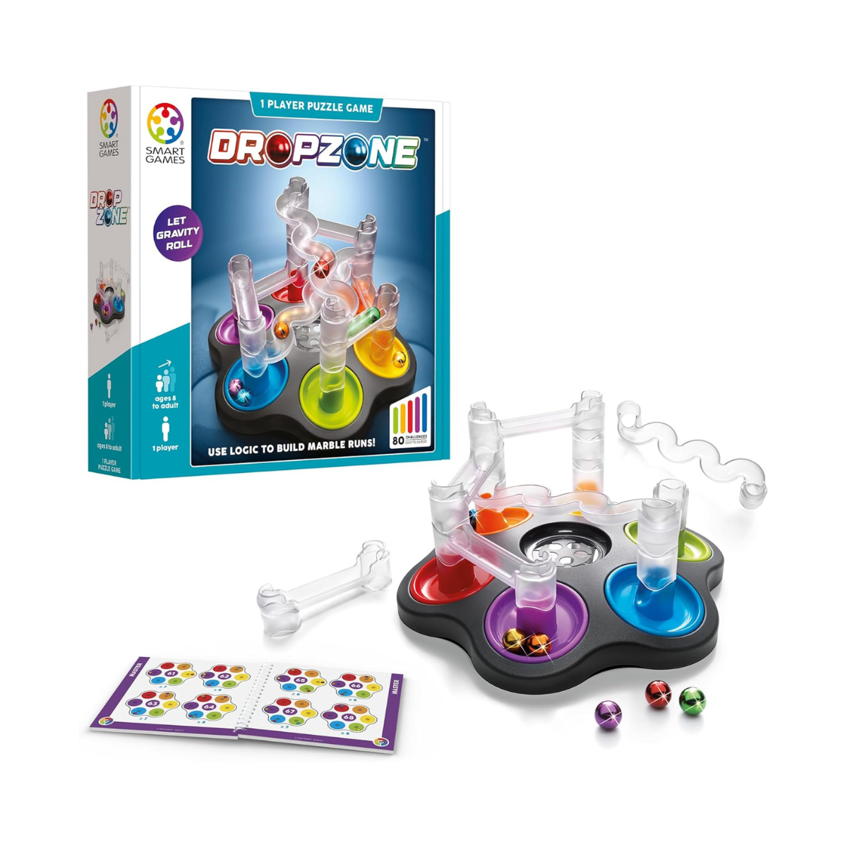 SmartGames DropZone, 3D Marble Run Brain Teaser Puzzle with 80+ Challenges, STEM Educational Toy for Kids 8+