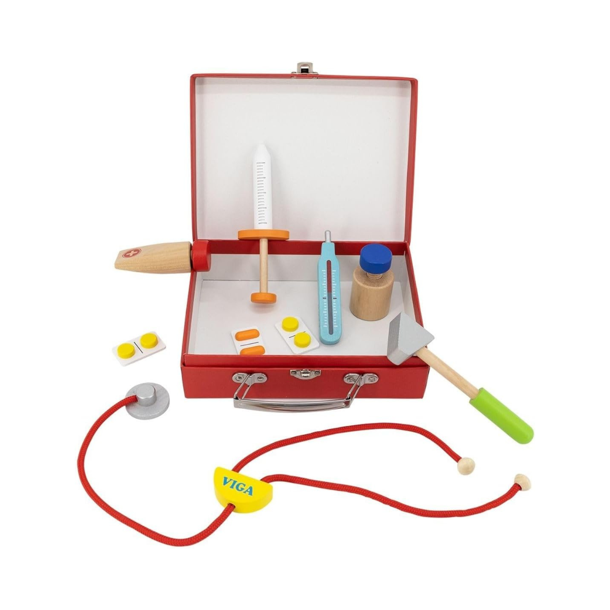Viga Wooden Medical Kit, Role-Play Accessories Including Syringe, Tablets, Stethoscope and Medicine, Durable and Colorful Toy for Kids
