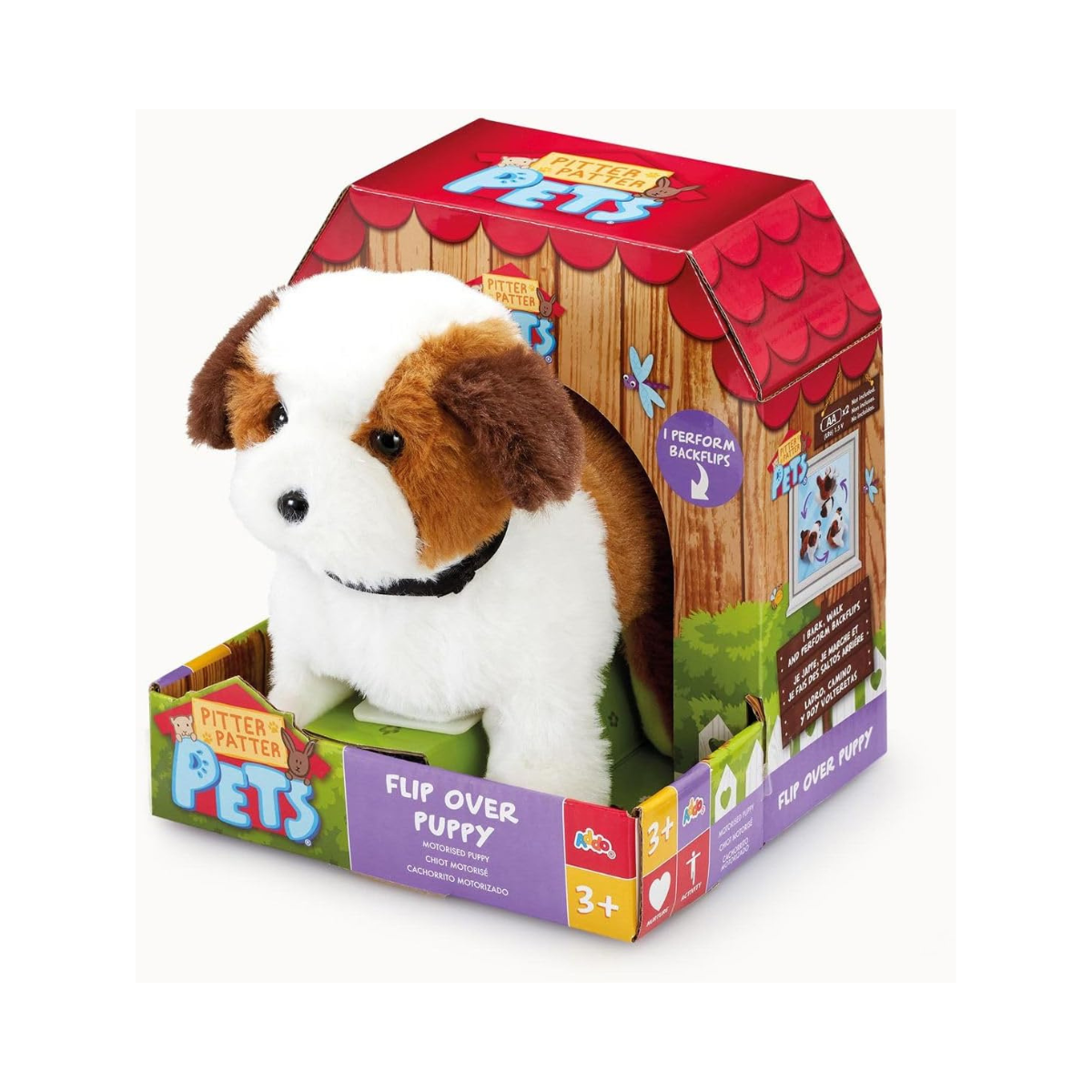 Addo Pitter Patter Pets Flip Over Puppy Battery Operated, Fluffy Fur with Expressions, Plush Toy, Interactive Plush, 3 Years+