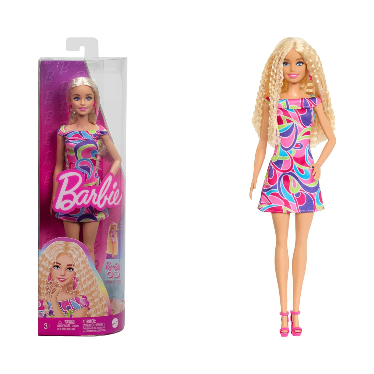 Barbie Fashionistas Doll #223 with Wavy Blonde Hair, Totally Hair Inspired Dress, Pink Heels and Earrings, 65th Anniversary Collectible Fashion Doll