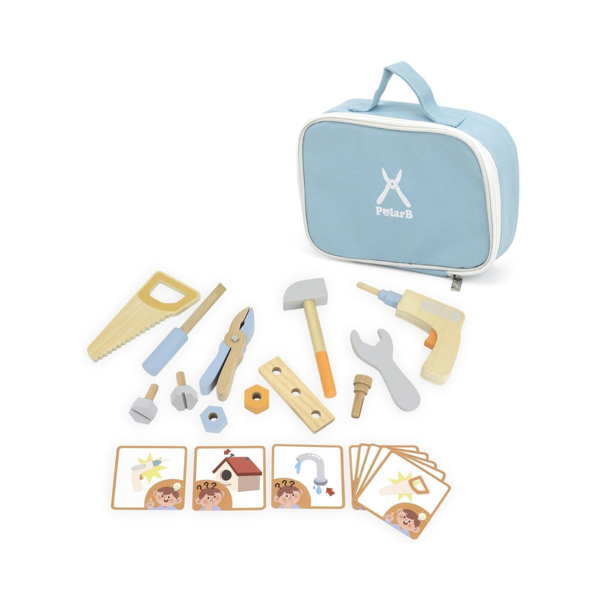 PolarB Wooden Tool Set for Kids, Educational STEM Pretend Play Tools, Safe Wooden Toy Set for Children 3 to 10 Years