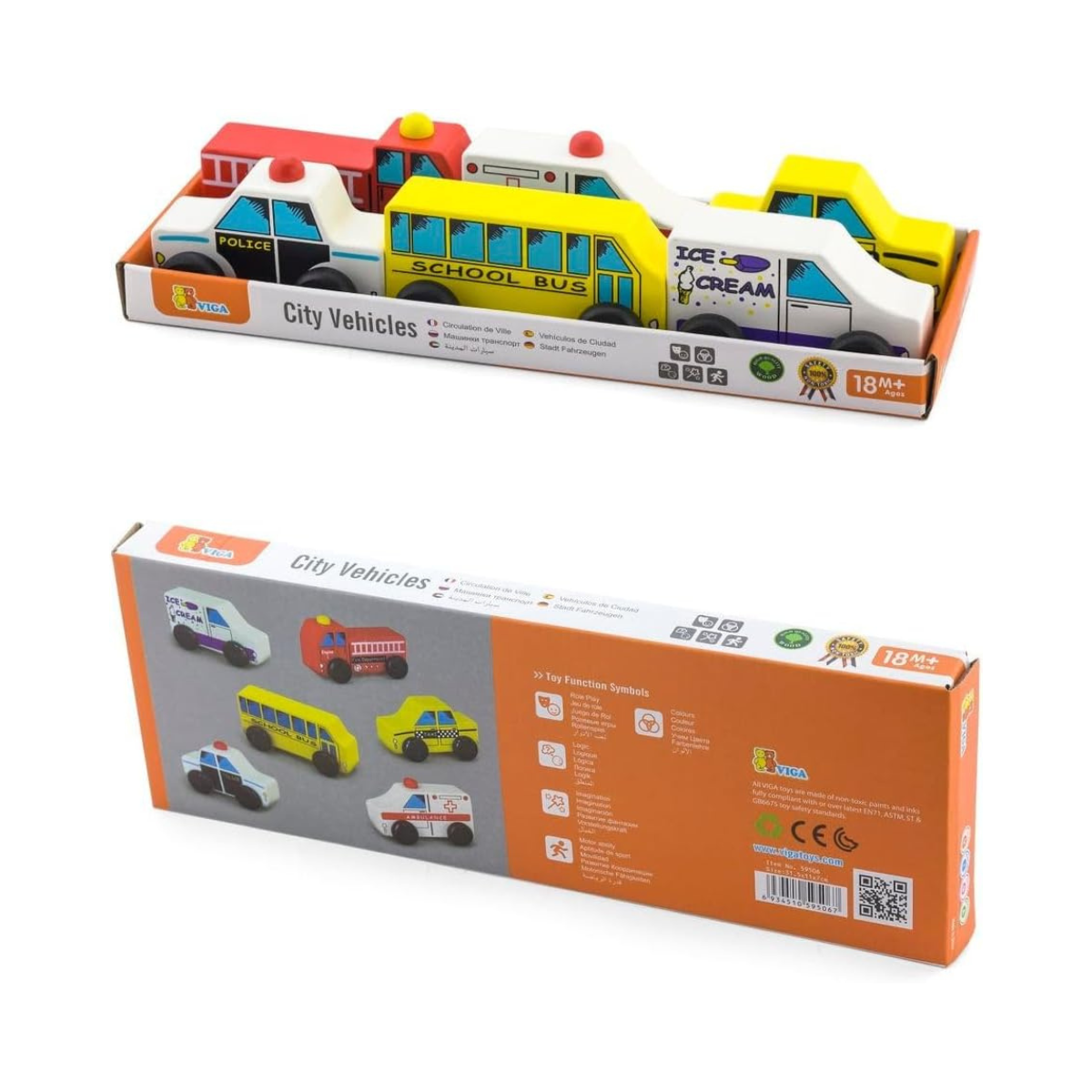 Viga Wooden City Vehicles Toy Set 6 Piece, Multicolor Wooden Cars for Kids, Educational Pretend Play Vehicles for Toddlers