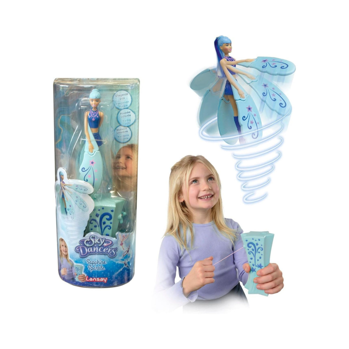 Lansay Sky Dancers Sapphire Sparkle Flying Doll with Launcher, Spinning Flying Toy for Kids Ages 6 Years and Above