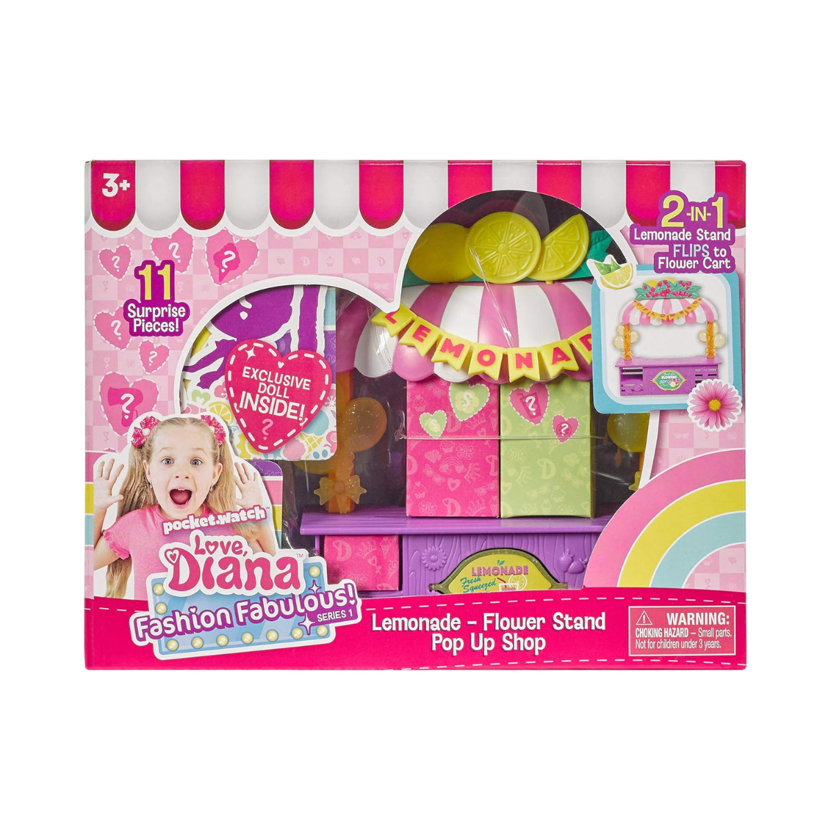 Far Out Toys Love Diana 3.5 Inch Collectible Doll Playset with 2-in-1 Lemonade and Flower Stand and 11 Surprise Accessories for Kids Ages 3 and Up